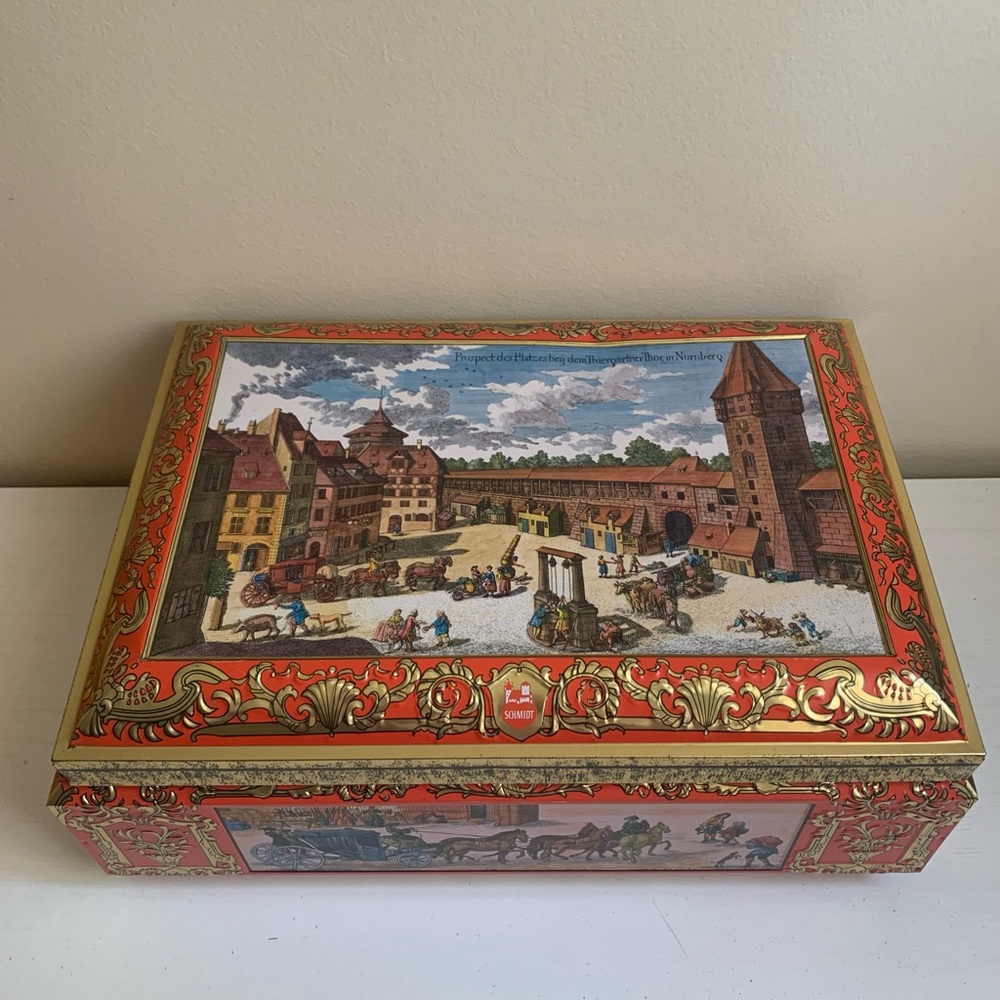 Vintage 1986 E.Otto Schmidt Lebkuchen Large Cookie Tin Hinged Top West Germany